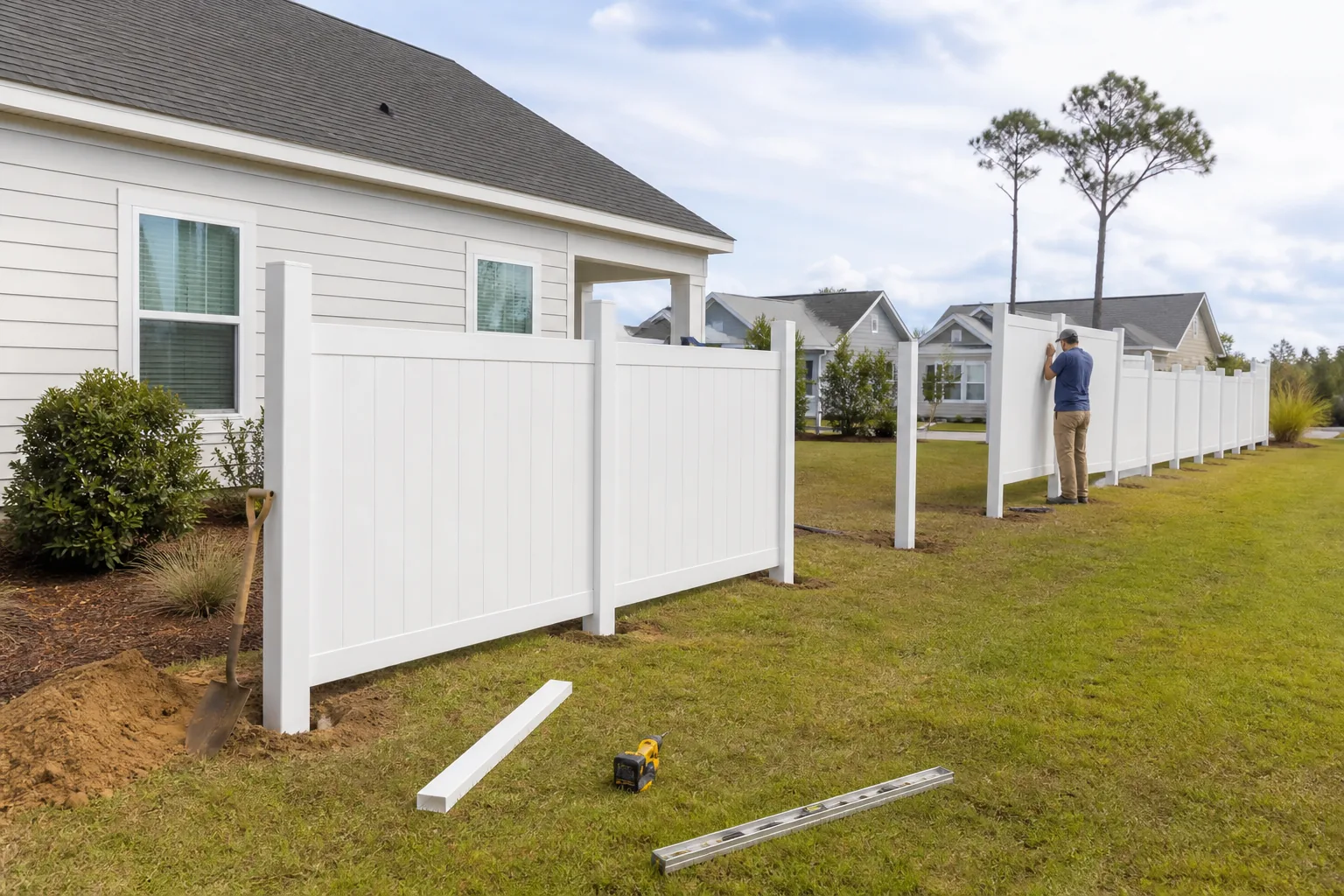 White vinyl fence installation at a coastal home