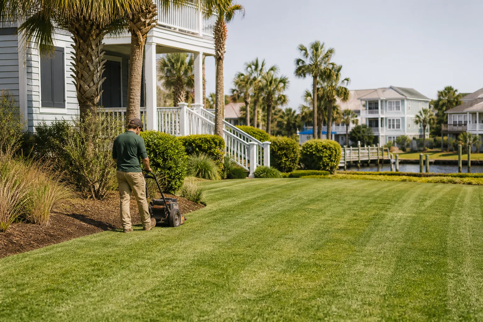 Professional mowing a green lawn