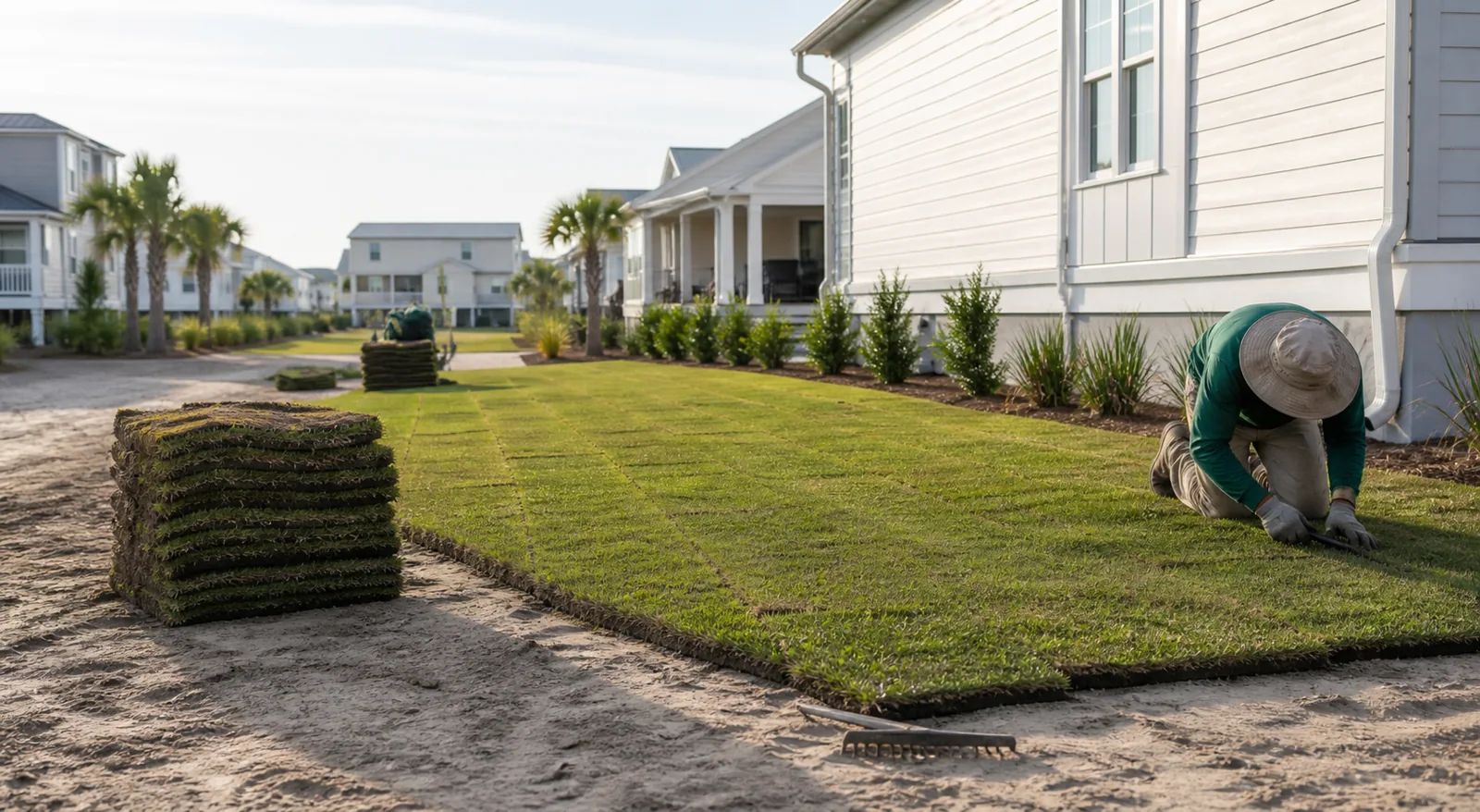 New sod being installed over prepared soil