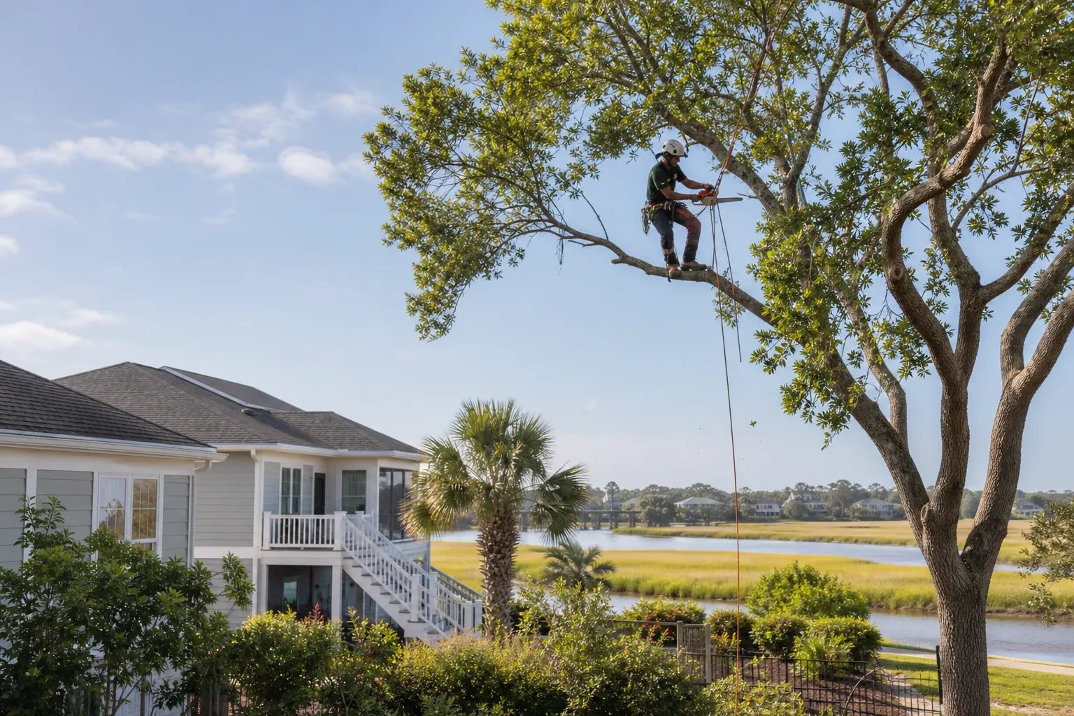 Tree professional working safely in a mature tree